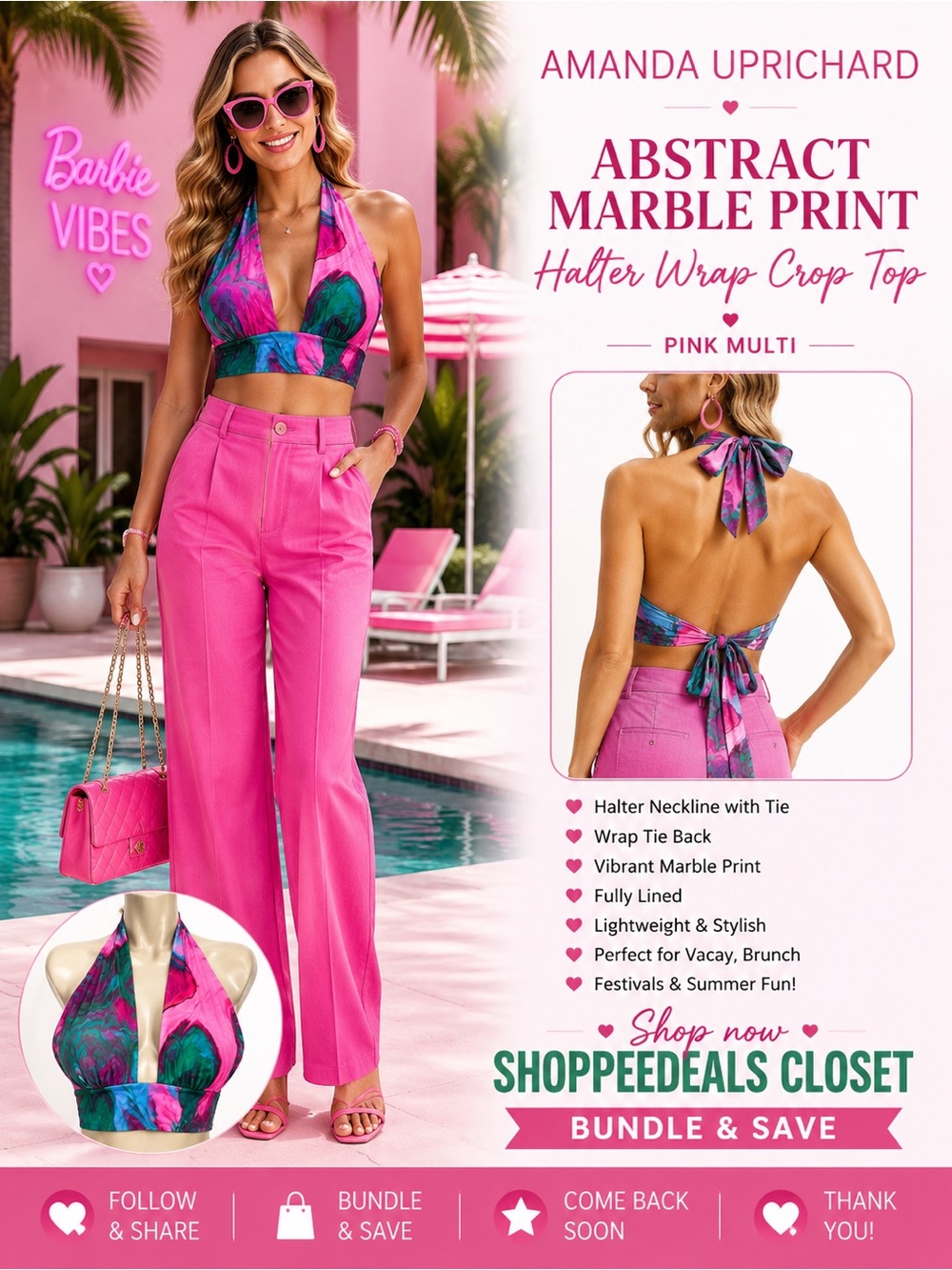Amanda Uprichard Abstract Marble Print Halter Wrap Crop Top – Pink Multi
